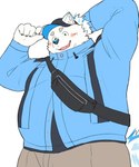 anthro belly blue_eyes blush clothing fur hair hat headgear headwear male overweight ponytail solo white_body white_fur nikukyu299paw lifewonders live_a_hero yohack canid canine canis domestic_dog mammal nordic_sled_dog samoyed spitz hi_res