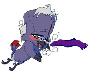 ahegao anus balding blind_eye blush bodily_fluids breath butt drooling feathers feet feral green_eyes hair looking_at_viewer looking_back looking_pleasured lying male mature_male on_front panting presenting presenting_balls presenting_hindquarters purple_body purple_feathers raised_tail saliva scarf simple_background solo sweat tail talons toes white_background white_hair anonymous_artist hanna-barbera scooby-doo_(series) professor_pericles avian bird parrot