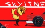 anthro bottomless butt car clothed clothing crouching female footwear shirt shoes side_view simple_background simple_eyes sneakers solo thick_thighs topwear vehicle jaed nissan_skyline almond_(jaed) bird_dog canid canine canis domestic_dog golden_retriever hunting_dog mammal retriever 16:10 absurd_res hi_res widescreen