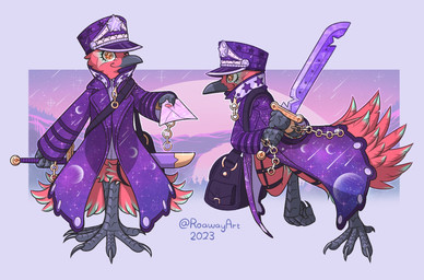 ambiguous_gender anthro bag claws clothing feathers hat headgear headwear looking_at_viewer melee_weapon smile solo standing sword weapon roawayart avian hi_res