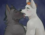 2019 anthro anthro_kissing_male anthro_on_anthro backwards_baseball_cap backwards_hat baseball_cap black_baseball_cap black_body black_fur black_nose blush bodily_fluids canid canine canis clothing colored domestic_dog duo eyes_closed french_kissing fur glitter_trap_boy grey_body grey_fur hair hat headgear headwear heart_symbol kissing male male/male mammal monotone_body monotone_fur orange_hair owen_(glitter_trap_boy) purple_background redhead_(character) romantic romantic_couple simple_background sweat teeth tongue tongue_out white_body white_fur wolf