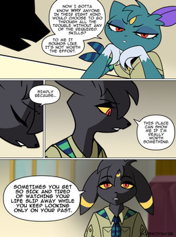 anthro black_body black_fur blue_body clothing dialogue duo ears_down elbows_on_table eyes_closed female fur hands_on_chin harmony_scarf male pivoted_ears red_eyes speech_bubble tan_clothing text yellow_sclera odeko-yma nintendo pokemon pokemon_mystery_dungeon spike_chunsoft lucky_(odeko-yma) vex_(odeko-yma) eeveelution generation_2_pokemon mammal pokemon_(species) sneasel umbreon 2026 absurd_res comic digital_media_(artwork) english_text hi_res signature