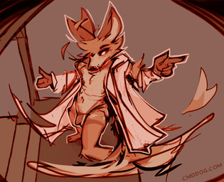 anthro balls biped bottomless bottomless_anthro bottomless_male brown_body brown_fur brown_penis claws clothed clothing coat coat_only ear_twitch finger_claws flaccid fur genitals gesture hand_gesture humanoid_genitalia humanoid_penis male male_anthro multicolored_body multicolored_fur penis pointing solo tan_balls tan_body tan_fur topwear topwear_only lawyerdog cantio_(lawyerdog) canid canine canis coyote mammal 2026 digital_media_(artwork)