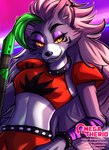 anthro black_eyebrows bottomwear clothed clothing eyebrows female fur grey_arms grey_body grey_ears grey_fur grey_hair grey_hands hair looking_at_viewer midriff red_bottomwear red_clothing red_topwear solo teeth topwear yellow_eyes omegatherio five_nights_at_freddy's five_nights_at_freddy's:_security_breach scottgames steel_wool_studios roxanne_wolf canid canine canis mammal wolf 2022 digital_media_(artwork) hi_res