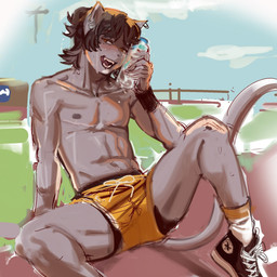 abs anthro blush bodily_fluids bottle bottomwear brown_hair clothing container cooling_off detailed_background ear_piercing ear_ring fangs footwear grey_body grey_skin hair holding_bottle holding_container holding_object long_tail looking_at_viewer male muscular on_ground open_mouth piercing ring_piercing shoes short_hair shorts sitting sneakers socks solo spread_legs spreading sweat tail teeth wristband yellow_eyes ddcrushh converse dylan_(ddcrushh) canid canine mammal digital_drawing_(artwork) digital_media_(artwork) hi_res trans_(lore) trans_man_(lore)