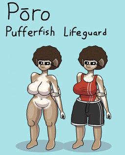 anthro big_breasts breasts clothed clothing ear_fins featureless_breasts female fin fully_clothed hand_behind_back lifeguard solo wide_hips bananaramasama aquatic fish pufferfish tetraodontiform hi_res model_sheet