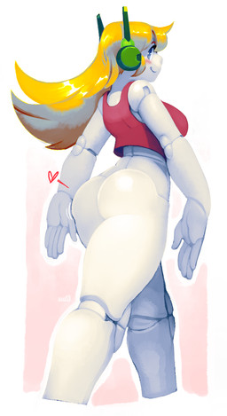 big_butt blonde_hair blue_eyes blush bottomless breasts butt clothed clothing female hair heart_symbol looking_back machine not_furry robot_joints shirt smile solo topwear noill cave_story curly_brace android humanoid robot robot_humanoid 2014 digital_media_(artwork) shaded