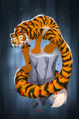 black_stripes blue_background blue_eyes cheek_tuft eyelashes facial_tuft female feral flower_on_head flower_on_tail fur long_tail looking_at_viewer markings orange_body orange_fur pink_nose round_ears simple_background solo standing striped_body striped_fur striped_markings stripes tail tuft white_body white_fur azzai felid mammal pantherine tiger 2024 2:3 colored colored_sketch digital_drawing_(artwork) digital_media_(artwork) shaded sketch