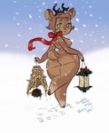 anthro antlers big_butt blue_eyes bow_ribbon breasts brown_body brown_fur brown_hair butt convenient_censorship decoration female female_anthro fur hair holding_lantern holding_object horn lamp lantern legs_up nude simple_background smile snow snowing solo tail text winter lewdersheep deer mammal