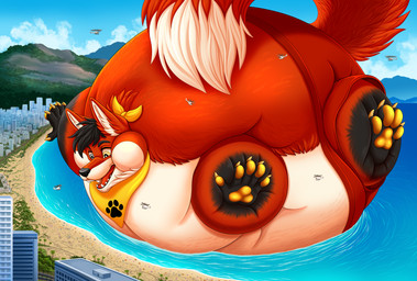 aircraft anthro beach belly blowing city city_background clothing extreme_size_difference fox_tail helicopter inflated_belly inflating inflation kerchief macro macro_focus macro_male male paws sand sea size_difference solo summer swimming_trunks swimwear vehicle water furrypur canid canine fox mammal vulpin absurd_res hi_res