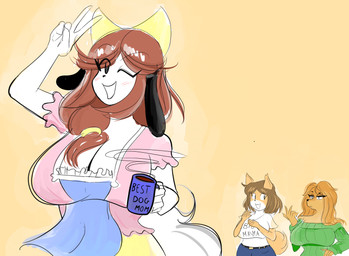 accessory anthro big_breasts blue_bottomwear blue_clothing blue_pants blush blush_lines bottomwear bow_ribbon breasts brown_hair centered_hair_bow cleavage clothed clothing coffee_mug countershade_face countershading eye_through_hair eyebrow_through_hair eyebrows eyelashes eyelashes_through_hair female fur gesture green_clothing green_sweater green_topwear group hair hair_accessory hair_bow hair_ribbon hand_gesture looking_at_viewer one_eye_closed open_mouth open_smile pants ribbons shirt simple_background smile sweater t-shirt tail tan_background tan_body tan_fur text text_on_clothing text_on_mug text_on_shirt text_on_t-shirt text_on_topwear topwear translucent translucent_hair trio v_sign white_body white_clothing white_fur white_shirt white_t-shirt white_topwear wink winking_at_viewer yellow_hair_bow sentalsha holly_applebee june_(jinu) mabel_(cherrikissu) canid canine canis domestic_dog hunting_dog mammal saluki shiba_inu sighthound spitz 2018 digital_drawing_(artwork) digital_media_(artwork) english_description english_text