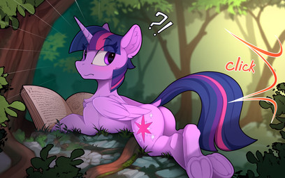book butt cutie_mark detailed_background dock_(anatomy) feathered_wings feathers female feral hooves horn interrobang outside purple_body solo surprised tail text underhoof wings yakovlev-vad friendship_is_magic hasbro my_little_pony mythology twilight_sparkle_(mlp) equid equine mammal mythological_creature mythological_equine winged_unicorn 2018 digital_media_(artwork) hi_res