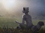 2022 anthro clothed clothing day detailed_background digital_media_(artwork) fur grass grey_body grey_fur koul male mammal outside plant procyonid raccoon raining sky smile solo topless water whiskers