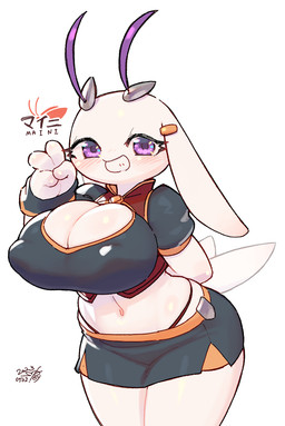 2_tails 4_fingers accessory antennae_(anatomy) anthro big_breasts biped black_clothing blush blush_lines bottomwear breasts cleavage clothed clothing eyelashes female fingers floppy_ears front_view gesture glistening glistening_breasts hand_gesture hotpants looking_at_viewer lop_ears monotone_body multi_tail navel nipple_outline open_mouth open_smile purple_eyes school_uniform shorts simple_background smile solo standing tail text topwear uniform v_sign white_background white_body keyhat_tk10 arthropod insect 2023 character_name dated digital_drawing_(artwork) digital_media_(artwork) hi_res signature