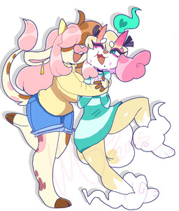 2_horns anthro blue_bottomwear blue_clothing blue_shorts bottomwear breasts brown_hair circle_eyebrows clothed clothed_anthro clothed_female clothing dress duo ear_piercing eyebrows female female/female female_anthro fingers fur hair hair_over_eyes horn hug mole_under_eye multicolored_body multicolored_fur multicolored_hair one_eye_closed open_mouth open_smile piercing pink_hair shorts simple_background smile sweater tail tail_tuft topwear tuft two_tone_hair white_background white_sclera yellow_body yellow_fur kiwisharku latte_(kiwisharku) bovid bovine canid canine cattle mammal 2025 dated digital_drawing_(artwork) digital_media_(artwork) hi_res watermark