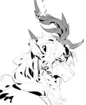 anthro clothed clothing ear_piercing ear_ring eyebrows hair horn long_hair male piercing ring_piercing solo spikes thick_eyebrows null-ghost asian_mythology chinese_mythology east_asian_mythology mythology sdorica juan_yun dragon kirin mythological_creature mythological_scalie scalie 2022 hi_res line_art monochrome