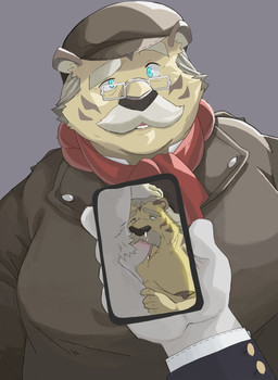 anthro blue_eyes cellphone clothing duo electronics eyewear facial_hair genitals glasses hat headgear headwear kemono male male/male mature_male mustache oral overweight overweight_male penis penis_in_mouth phone ruined_reputation scarf simple_background smartphone bluewhale127 felid mammal pantherine tiger 2026 hi_res