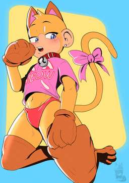 anthro bell bell_collar blue_eyes blush cat_ear_headband cat_ear_legwear cat_gloves cat_stockings claws clothed clothed_male clothing collar ear_piercing eyebrows fake_cat_ears fake_ears footwear fur jingle_bell jingle_bell_collar legwear looking_down male monkey_tail on_kness panties partially_clothed piercing raised_eyebrow ribbons socks solo thigh_highs thigh_socks underwear yellow_body yellow_fur tabascomilk doc_(peonybunny) haplorhine mammal monkey primate absurd_res hi_res