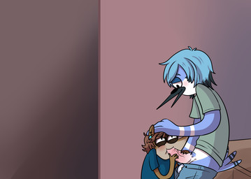 anthro balls clothing duo erection fellatio genitals male male/male male_penetrated male_penetrating male_penetrating_male oral penetration penile penis sex babynarwhal cartoon_network regular_show mordecai_(regular_show) rigby_(regular_show) avian bird blue_jay corvid jay_(bird) mammal new_world_jay oscine passerine procyonid raccoon source_request