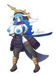 anthro anthrofied armor big_breasts blue_eyes blue_hair blue_nipples blush breasts clothed clothing cosplay exposed_breasts female footwear freckles greaves hair headgear helmet holding_melee_weapon holding_object holding_sword holding_weapon horn katana laminar_armor leg_armor legwear long_hair looking_at_viewer melee_weapon nipples no_underwear partially_clothed pokemorph samurai sandals seamitar shoes simple_background smile solo stockings sword topless warrior weapon white_background white_body white_skin alyrise nintendo pokemon celeste_(basketgardevoir) generation_5_pokemon mammal mustelid oshawott pokemon_(species) hi_res signature