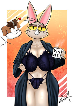 anthro beverage big_breasts bottomwear bra breasts brown_body brown_fur brown_hair clothed clothing coffee coffee_cup coffee_mug container cup duo exclamation_point female fur hair heart_symbol holding_object imminent_sex lingerie lingerie_bra lingerie_panties long_ears looking_at_another looking_at_partner looking_at_viewer markings mature_female mole_(marking) navel panties robe romantic romantic_couple simple_background thick_thighs topwear underwear yellow_eyes vexter_arts canid canine domestic_cat felid feline felis mammal absurd_res digital_media_(artwork) hi_res signature