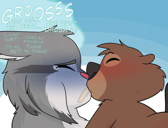 anthro bodily_fluids brown_body brown_fur buckteeth disgust disgusted_face female fur genitals grey_body grey_fur humanoid_genitalia humanoid_penis interspecies kiss_on_lips kissing male male/female nude nude_anthro nude_female nude_male penis questionable_consent sex side_view size_difference smaller_female sweat teeth text white_body white_fur crushpepper disney zootopia nibbles_maplestick pawbert_lynxley beaver canada_lynx felid feline lynx mammal rodent english_text hi_res