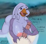 anthro beak big_breasts blurred_background breasts butt dialogue duo female genitals handjob licking licking_lips looking_at_genitalia looking_at_penis male male/female nipples non-mammal_breasts non-mammal_nipples penile penis sex tongue tongue_out vein veiny_penis trigger12_(artist) balto_(series) universal_studios big_butt_betty stella_(balto) anatid anseriform anserinae avian bird goose snow_goose hi_res