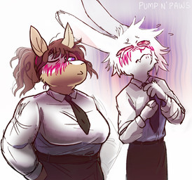 ambiguous_gender anthro blush blush_lines breasts clothed clothed_anthro clothing clothing_lift duo suit kentrl-z development_hell_(pumpnpaws) xeitgeist_(pumpnpaws) equid equine hare lagomorph leporid mammal