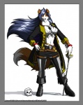 anthro black_hair bone border breasts ear_piercing female grey_border hair melee_weapon navel navel_piercing piercing pirate skull solo sword tail weapon siekfried border_collie canid canine canis collie domestic_dog herding_dog mammal pastoral_dog sheepdog