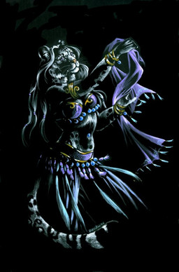 anthro black_background bottomwear bracelet clothing dancing dark female hair jewelry loincloth long_hair simple_background solo tail heather_bruton felid mammal pantherine snow_leopard 2006