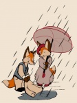 anthro black_nose chivalry clothed clothing duo eyes_closed female fur hair holding_object holding_umbrella male orange_body orange_fur outside puddle raining red_hair simple_background smile standing umbrella victorian white_background white_body white_fur sk4ndalous thatwhitefox canid canine fox mammal