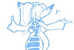 anthro back_boob big_breasts big_ears breasts butt female gesture hair hand_gesture huge_breasts pointing ponytail rear_view short_stack small_waist solo tail thick_tail thumbs_up wide_hips dorian-bc copper_(dorian-bc) arvol_(kevinsano) humanoid blue_and_white monochrome