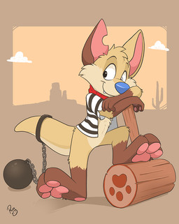 3_toes 4_fingers anthro arm_support ball ball_and_chain barefoot biped black_eyes blue_nose bottomless brown_body brown_fur cactus canyon chain cheek_tuft clothed clothing cloud collar countershade_face countershading desert detailed_background eyebrows facial_tuft featureless_crotch feet fingers fur gloves_(marking) grey_background head_tuft heterochromia inmates_clothing leaning_on_object leg_markings log looking_aside male markings multicolored_body multicolored_fur notched_ear open_clothing open_shirt open_topwear orange_background outside pattern_clothing pawpads pink_inner_ear pink_pawpads plant plantigrade pointy_ears prick_ears prison_uniform prisoner shirt short_sleeves simple_background smile socks_(marking) soles solo standing step_pose striped_clothing striped_inmates_clothing stripes tan_body tan_fur teeth teeth_showing toes topwear tuft wood yellow_eyes pandapaco dingoroo_(character) canid canine canis dingo hybrid kangaroo macropod mammal marsupial 2021 digital_media_(artwork) full-length_portrait portrait signature