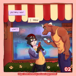 abs anthro beanie biceps black_body black_fur bottomwear brown_body brown_eyes brown_fur clothing denim denim_bottomwear denim_clothing detailed_background duo ear_piercing ear_ring electronics eye_contact flower fur hand_in_pocket hat headgear headwear horn jacket jeans looking_at_another looming male male/male muscular muscular_arms muscular_male pants pecs phone piercing plant pockets ring_piercing shirt shrub stare tank_top text text_box texting topwear v-neck white_body white_fur window yellow_eyes angryrawcoon antonio_(angryrawcoon) whyskers_(angryrawcoon) bovid bovine cattle domestic_cat felid feline felis mammal 1:1 comic english_text hi_res