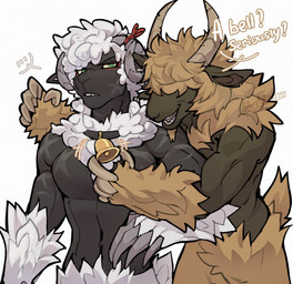annoyed anthro biceps cowbell duo fluffy fluffy_chest horn male male/male muscular muscular_male pecs bluddwxx bovid caprine goat mammal sheep hi_res