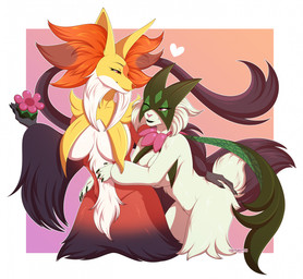 4_fingers 5_fingers anthro big_breasts biped border breast_curtains breasts claws duo eye_contact female finger_claws fingers front_view fur green_body green_fur green_tail grey_body grey_fur grey_tail heart_symbol inner_ear_fluff looking_at_another nude nude_anthro nude_female pink_eyes red_body red_eyes red_fur simple_background smile standing tail tuft white_border yellow_body yellow_fur chaiteakitten nintendo pokemon generation_9_pokemon mega_delphox mega_evolution meowscarada pokemon_(species) 2025 digital_drawing_(artwork) digital_media_(artwork) hi_res