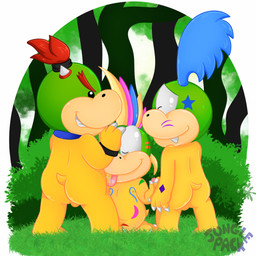 anthro anthro_on_anthro balls bodily_fluids butt claws eyes_closed fellatio genitals group group_sex handjob male male/male nipples nude oral penile penis saliva sex shell-less slightly_chubby tribal trio yellow_body young k_vicko mario_bros nintendo bowser_jr. koopaling larry_koopa lemmy_koopa 1:1 absurd_res hi_res