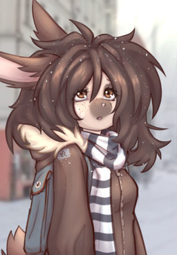 anthro backpack blurred_background brown_eyes brown_hair clothed clothed_anthro clothed_female clothing coat day dipstick_snout female female_anthro fluffy fluffy_hair hair long_hair looking_up muffler open_mouth outside scarf short_snout snow snowing solo standing street sunny three-quarter_view topwear elronya fan_character ronya lagomorph leporid mammal rabbit digital_drawing_(artwork) digital_media_(artwork) half-length_portrait portrait shaded simple_shading