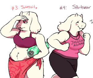 anthro biped blush bottomwear clothed clothing exercise female horn long_ears mature_anthro mature_female red_eyes shirt shorts simple_background slightly_chubby solo standing tank_top topwear white_background skellymor undertale undertale_(series) toriel boss_monster_(undertale) bovid caprine mammal 2016