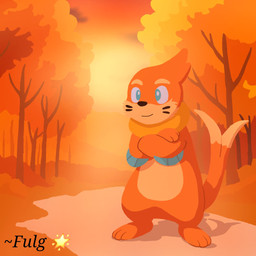 2_tails 3_fingers 3_toes anthro biped black_nose blue_eyes cheek_tuft crossed_arms detailed_background facial_tuft feet fingers fur long_tail male multi_tail orange_body orange_fur orange_tail outside solo standing sun sunset tail text toes tuft fulgito_ast nintendo pokemon buizel generation_4_pokemon pokemon_(species) 1:1 2025 artist_name hi_res