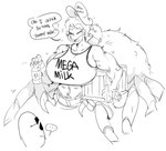 2022 8_eyes 8_legs anthro arachnid arthropod arthropod_abdomen biceps big_breasts blush breasts claws clothing crate crop_top dialogue duo ellipsis english_text eyelashes eyes_closed eyewear female fingers hat headgear headwear hi_res huge_breasts human jawmy_(mhdrawin) male mammal mega_milk meme mhdrawin midriff milk monochrome multi_eye sharp_teeth shirt smile spider sunglasses teeth text topwear