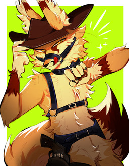 anthro biped brown_body brown_fur claws clothing collar collar_pull cowboy_hat desert fur gun handgun harness hat headgear headwear jewelry male male_anthro mostly_nude necklace ranged_weapon simple_background slim smile smiling_at_viewer smirk smirking_at_viewer solo tipping_hat tongue tongue_out weapon white_body white_fur yellow_body yellow_eyes yellow_fur moujiiz gale_(galefoxy) canid canine fennec_fox fox mammal true_fox absurd_res hi_res