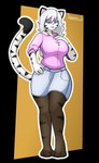 anthro blue_eyes bottomwear clothing female footwear fur hand_on_hip lips markings shirt skirt socks solo striped_markings stripes topwear white_body white_fur squaresalami felid mammal pantherine tiger absurd_res hi_res