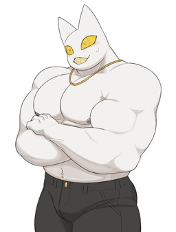 anthro biceps big_muscles blush bodily_fluids bottomwear chain clothed clothing gold_(metal) gold_chain grey_bottomwear grey_clothing jewelry male muscular muscular_anthro muscular_male navel navel_piercing necklace nipple_piercing nipples noseless pants pecs piercing pointy_ears sharp_teeth simple_background smile solo sweat sweatdrop teeth topless vein white_background white_body white_skin yellow_eyes yellow_teeth oyasmis miya_(oyasmis) domestic_cat felid feline felis mammal hi_res