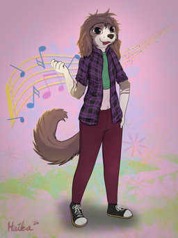 anthro clothed clothing female flannel plaid haika bird_dog canid canine canis cocker_spaniel domestic_dog hunting_dog mammal spaniel 2026 absurd_res hi_res