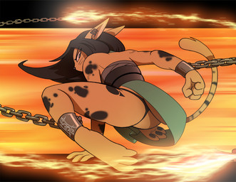 action_pose anthro black_hair black_nose butt chain clothing ear_piercing female fur hair markings orange_body orange_fur piercing pose solo spots spotted_body spotted_fur underwear whiskers seriojainc felid feline mammal 2010