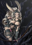 2012 animal_humanoid armor arrow_(weapon) big_breasts bow_(weapon) breasts brown_hair claws cleavage clothed clothing dark_body dark_skin detailed_background female final_fantasy final_fantasy_xii forest fran_(final_fantasy) gauntlets gloves hair handwear headgear helmet hi_res holding_object holding_weapon humanoid kawa-v lagomorph lagomorph_humanoid long_ears long_hair mammal mammal_humanoid nails navel outside plant pose ranged_weapon red_eyes solo square_enix standing tree unconvincing_armor viera weapon white_hair wood