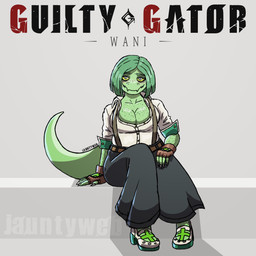 5_fingers abstract_background anthro big_tail bob_cut breasts brown_clothing brown_gloves brown_handwear claws cleavage clothed clothing collared_shirt cosplay crossover_cosplay dress_shirt eyelashes female finger_claws fingerless_gloves fingers freckled_arms freckled_breasts freckled_chest freckled_face freckles front_view gloves green_body green_hair green_scales grey_eyes hair handwear long_tail looking_at_viewer scales shirt sitting solo tail text topwear white_claws yellow_sclera jauntyweb arc_system_works cavemanon_studios guilty_gear i_wani_hug_that_gator giovanna_(guilty_gear) olivia_halford baryonyx dinosaur prehistoric_species reptile saurischian scalie spinosaurid theropod 2024 artist_name crossover digital_drawing_(artwork) digital_media_(artwork) hi_res watermark