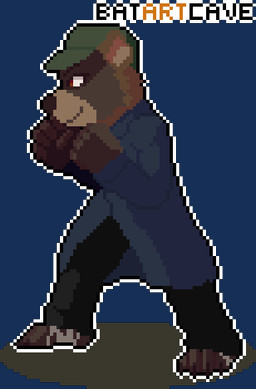 anthro black_bottomwear black_clothing black_pants bottomwear brown_body brown_fur claws clothing fist fur green_clothing green_headwear headgear headwear looking_forward male pants side_view simple_background smile solo transparent_background sevsartcave bear mammal alpha_channel animated digital_media_(artwork) loop pixel_(artwork) pixel_animation