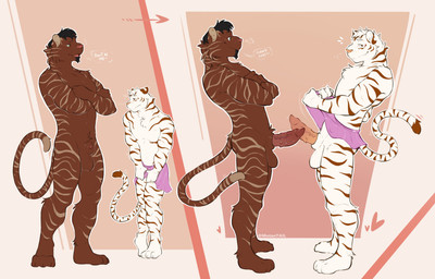 animal_genitalia animal_penis anthro balls biceps bottomwear clothed clothing clothing_lift crossed_arms duo erection feline_genitalia feline_penis fur genitals hair heart_symbol humiliation male male/male miniskirt nude penis sheath shy simple_background skirt skirt_lift smug smug_face speech_bubble stripes taunting teasing triceps mutantail felid mammal pantherine tiger absurd_res hi_res